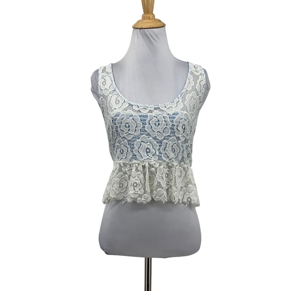 Maeve Top Womens S Small White Lace Overlay Cropped Stretch Lined Peplum Tank
